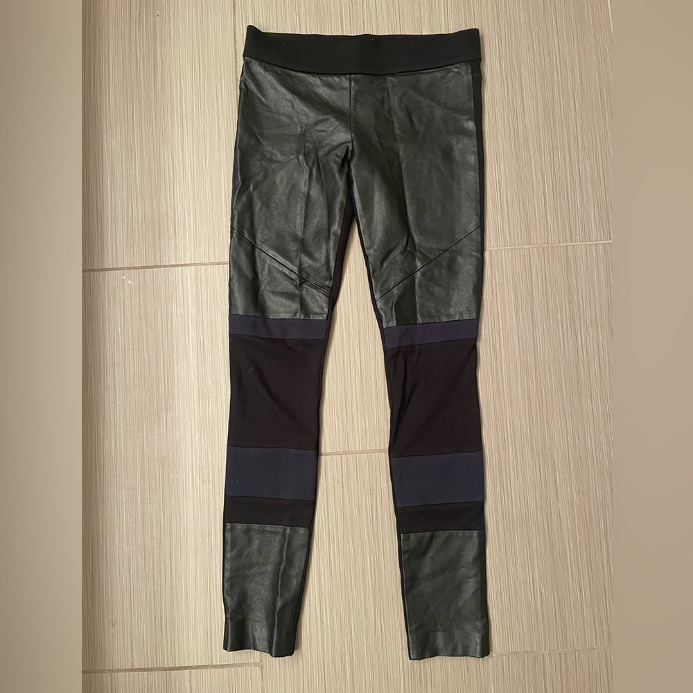 Club Monaco leggings with navy and pleather patches.